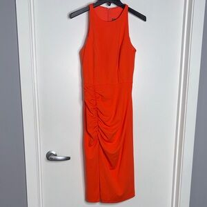 Aqua Vibrant Orange Ruched Midi Dress